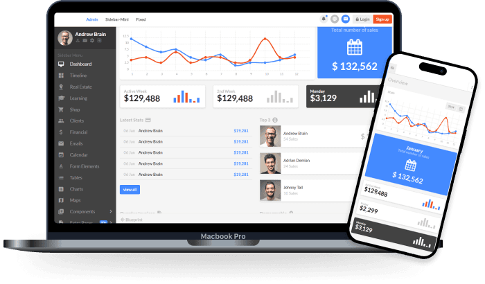 MarketSpire reporting dashboard shown on a laptop and a phone